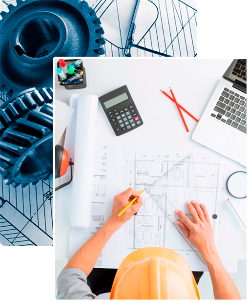 Engenheiro planejando e algumas ferramentas em cima de uma mesa.